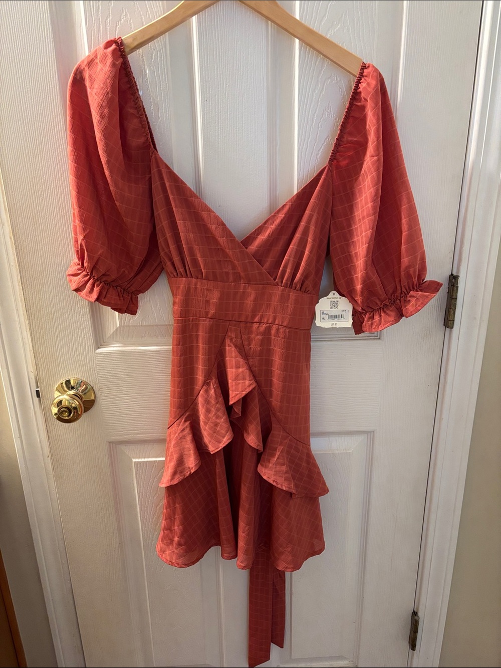 Altar'd State Rust Orange Puff-Sleeve Ruffle Mini Dress